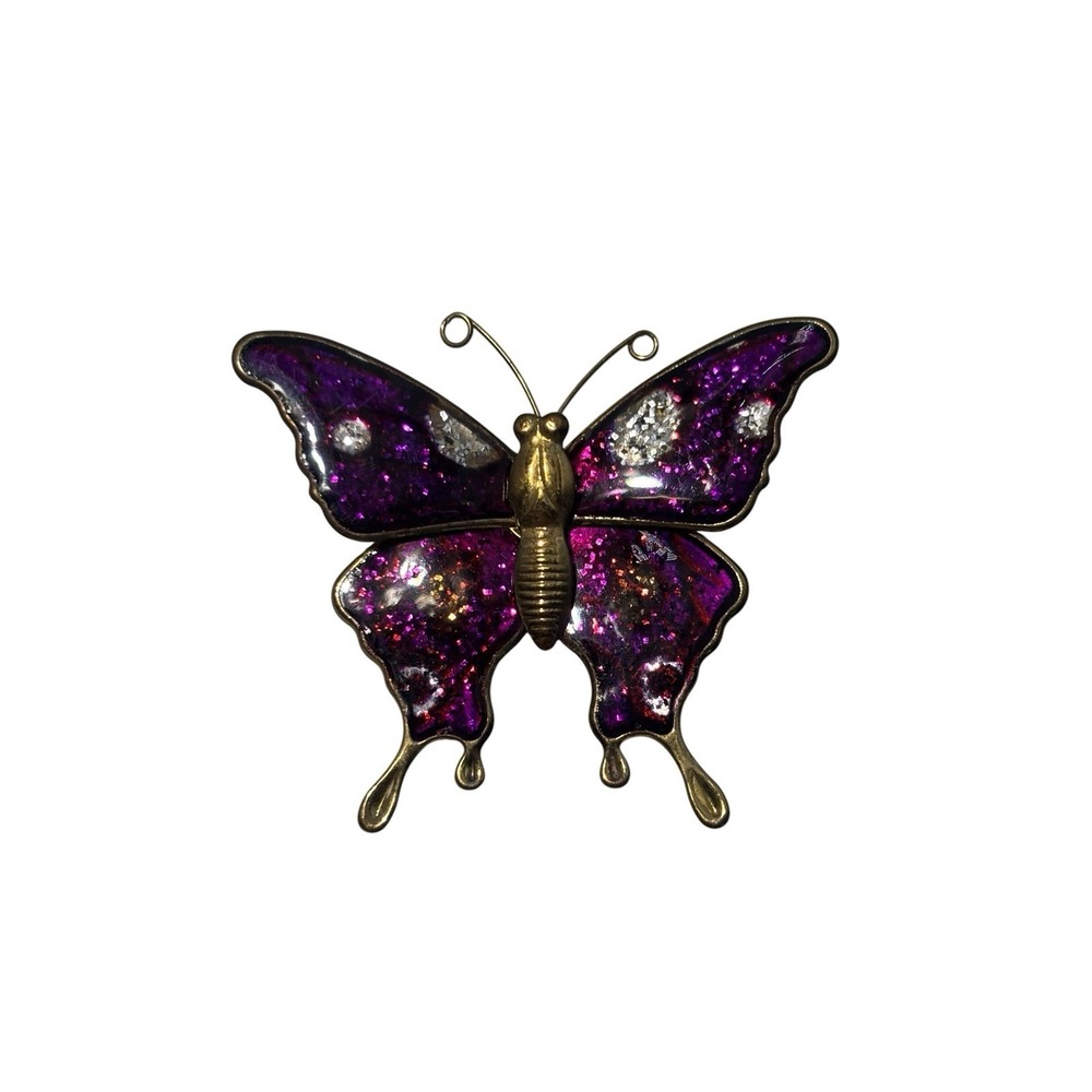 Vintage Gold Tone Sparkly Purple Glitter Enamel Butterfly Insect Brooch Pin